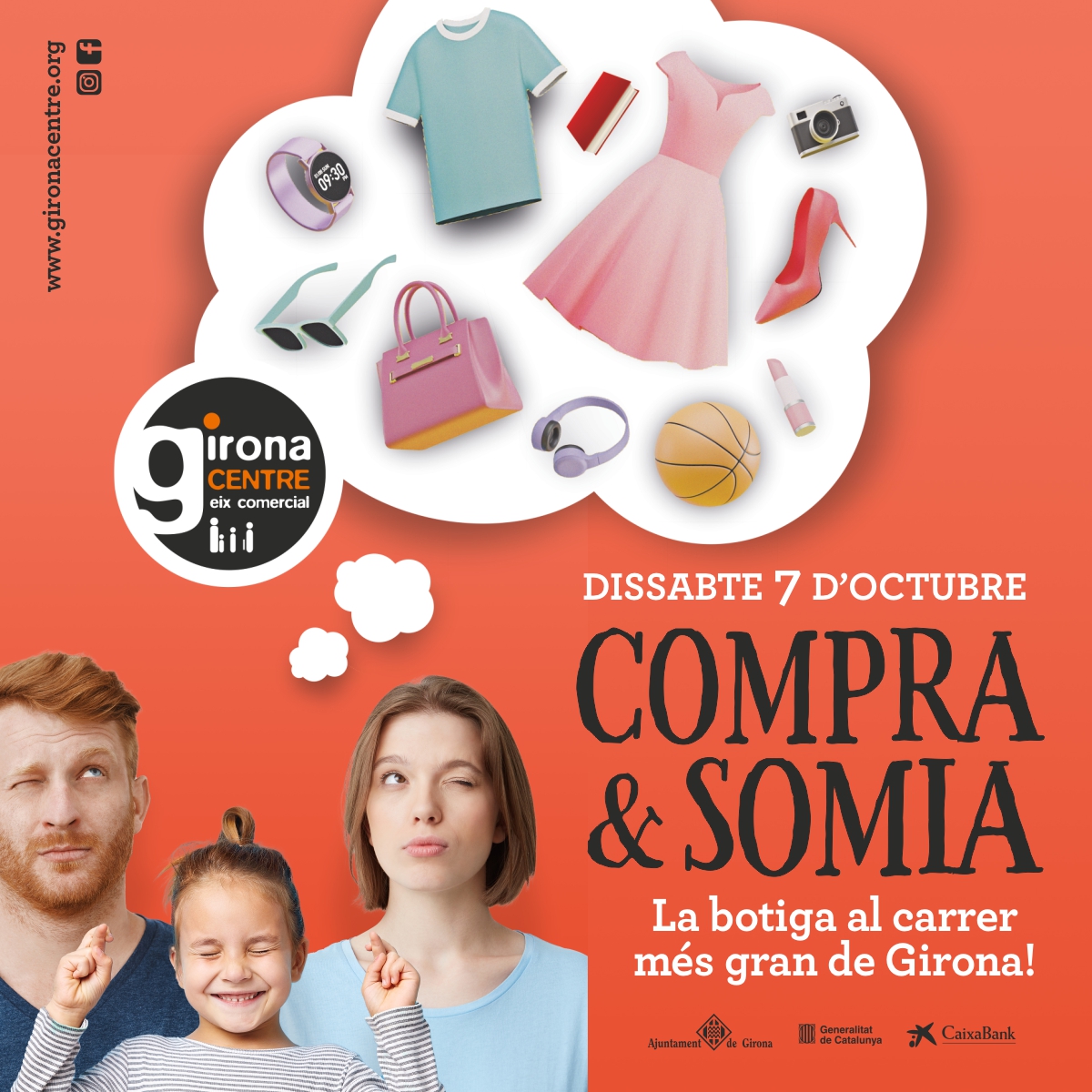 Cartell amb tota una família que pensa en què comprar